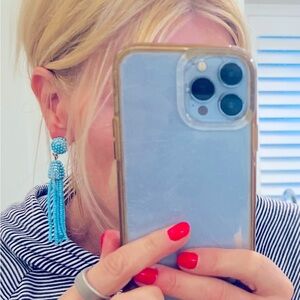 TURQUOISE BLUE BEADED TASSEL EARRINGS COASTAL PREPPY TRENDY VACATION SUMMER